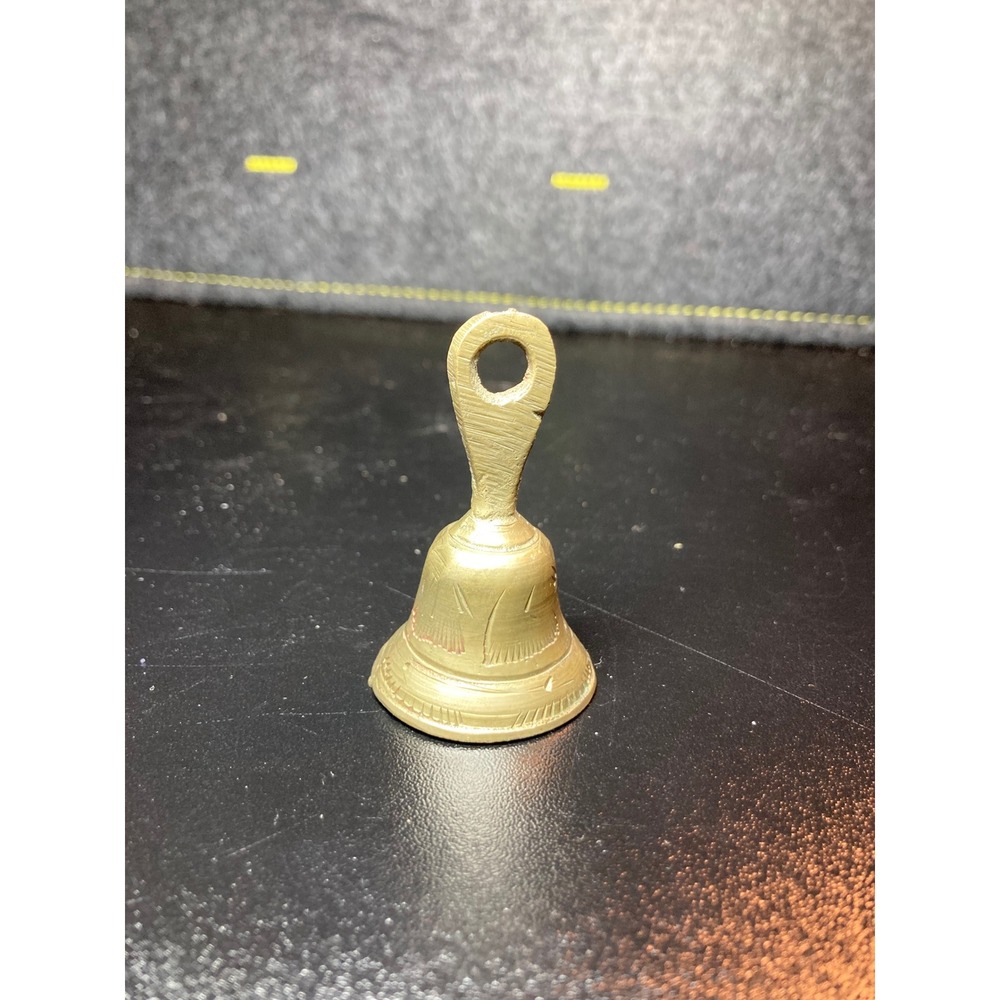 Vintage Etched Solid Brass Hand Bell Small Primitive Engraved Gold 2.25 Inch